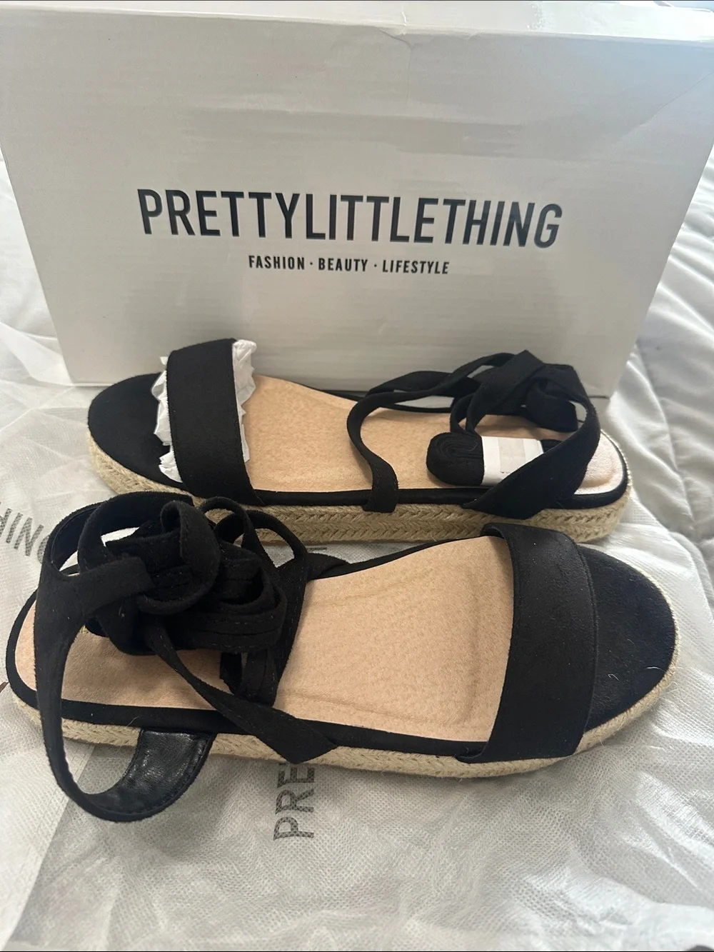PrettyLittleThing Black Lace-Up Espadrille Sandals